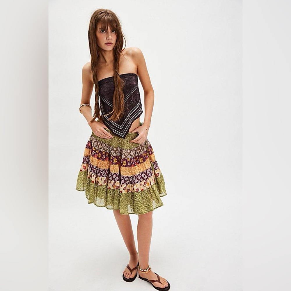 Free People Patchwork Tiered Midi Skirt - Olive, Purple, Yellow, Burgundy